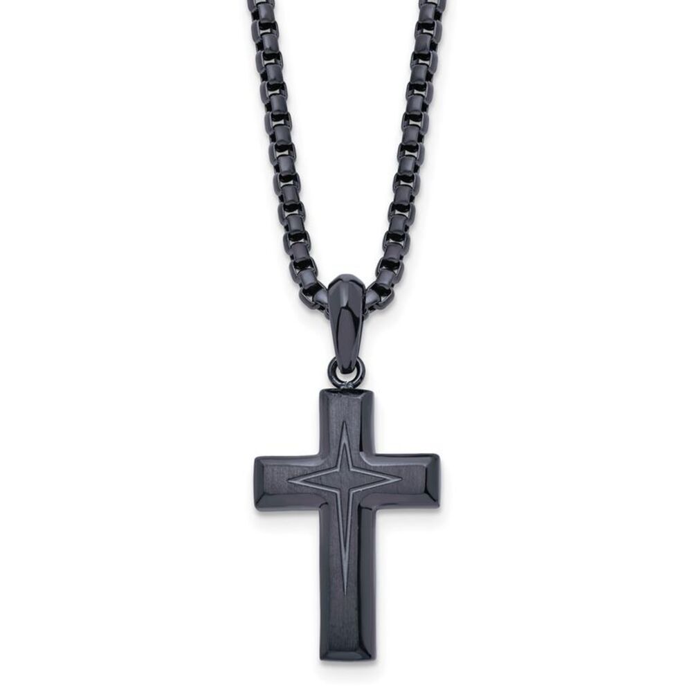 Dark Gray Plated Stainless Steel Small Cross Necklace, 24 Inch